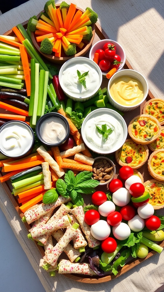 A colorful assortment of appetizers including vegetable sticks, dips, mini quiches, and skewers on a rustic table.